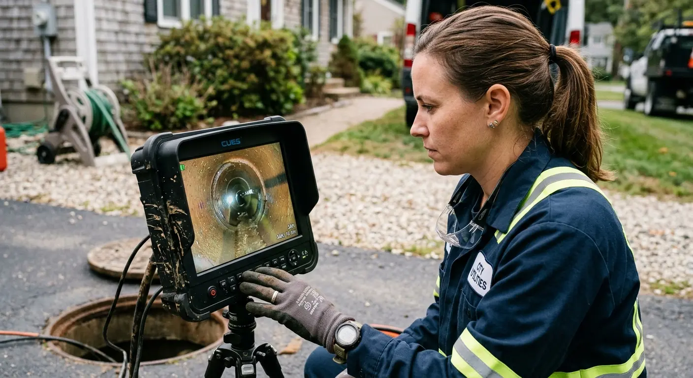 Technician reviewing sewer camera inspection footage in Hoschton