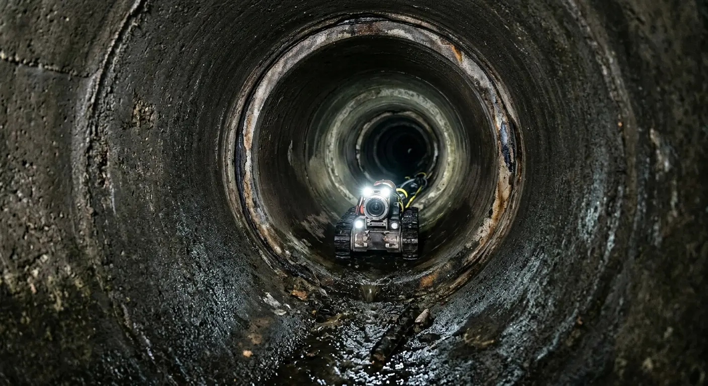 Robotic sewer camera inspecting pipe interior for Sewer Line Cleaning in Hoschton