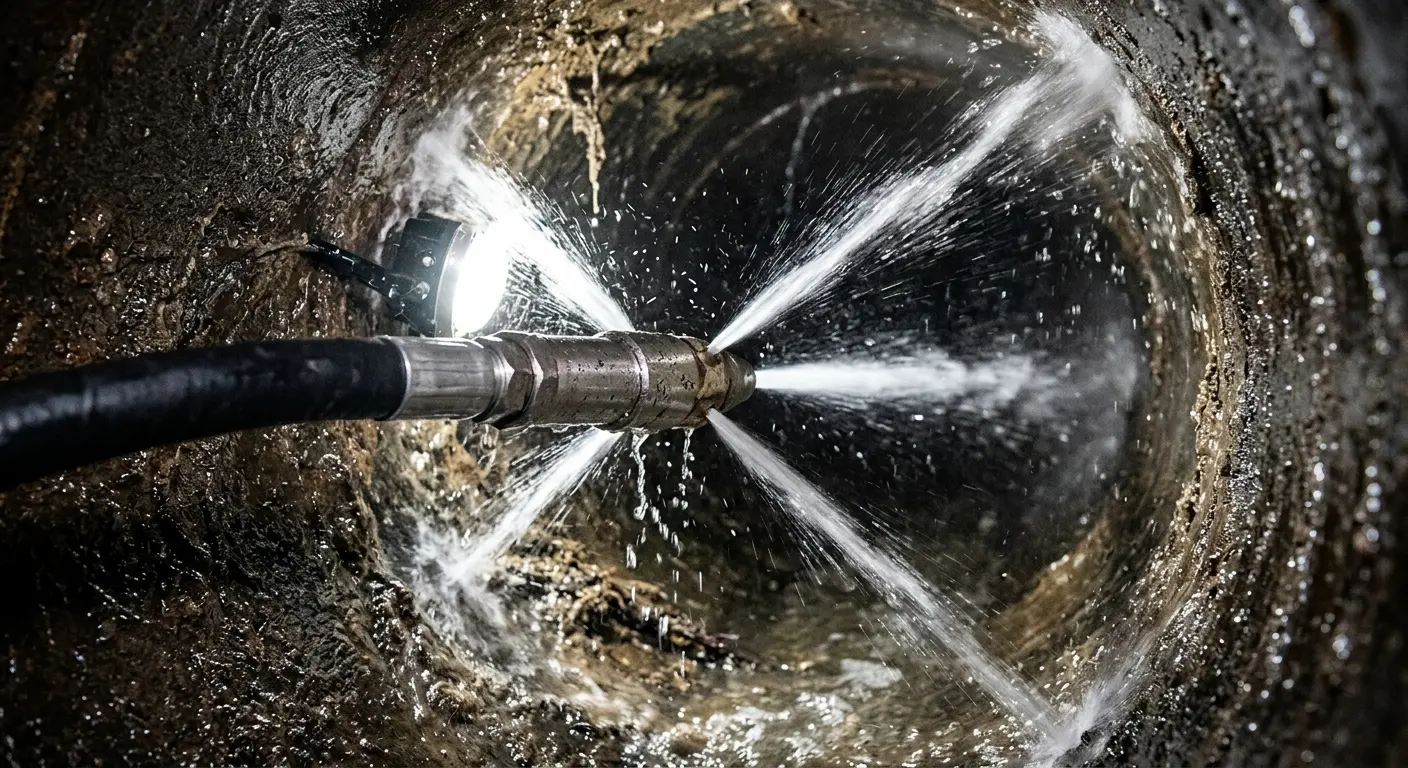High-pressure hydro jetting nozzle cleaning sewer pipe for Trenchless Sewer Repair in Hoschton