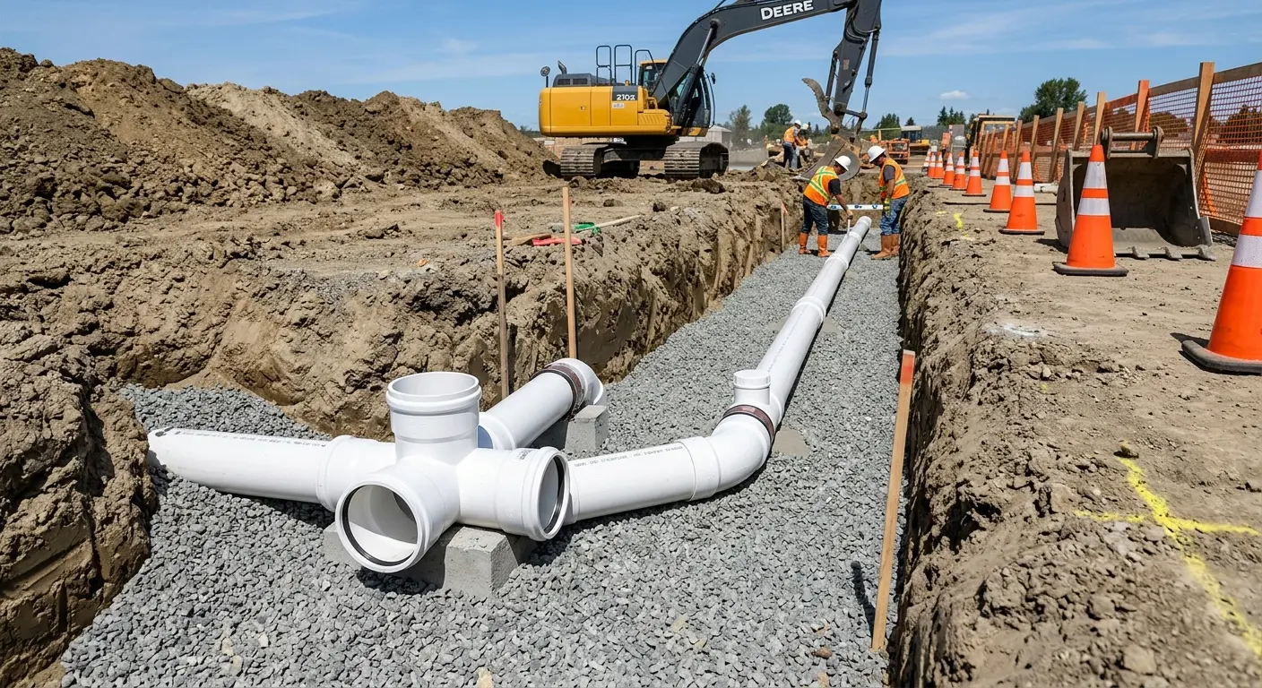 New PVC sewer pipe installation in open trench for Grease Trap Cleaning in Hoschton