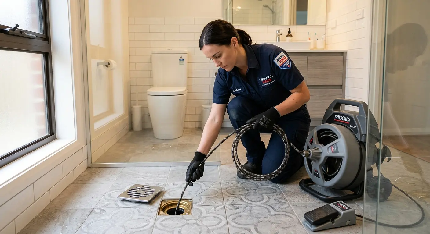 Technician clearing a bathroom floor drain for Sewer Line Replacement in Hoschton